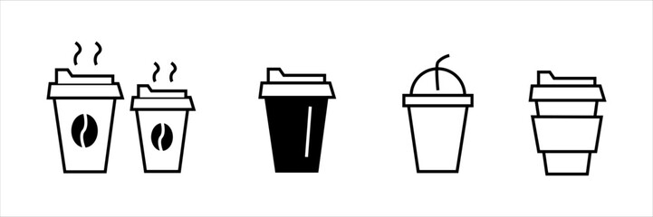 Collection of coffee cup icons in black and white. Includes mugs, to-go cups, straws, lids, and steam. Beverage and café symbols for app, web, UI, banner, menu, and print design.