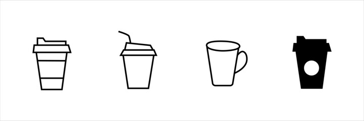 Collection of coffee cup icons in black and white. Includes mugs, to-go cups, straws, lids, and steam. Beverage and caf&eacute; symbols for app, web, UI, banner, menu, and print design.