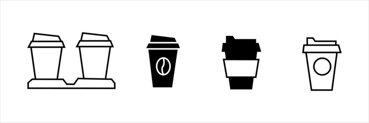 Collection of coffee cup icons in black and white. Includes mugs, to-go cups, straws, lids, and steam. Beverage and café symbols for app, web, UI, banner, menu, and print design.