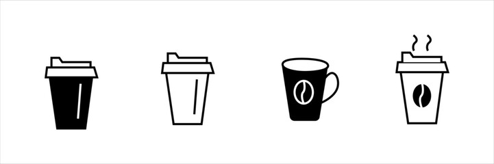 Collection of coffee cup icons in black and white. Includes mugs, to-go cups, straws, lids, and steam. Beverage and café symbols for app, web, UI, banner, menu, and print design.