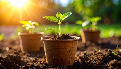 Young green plants growing in pots on soil under warm sunlight in a serene garden setting
