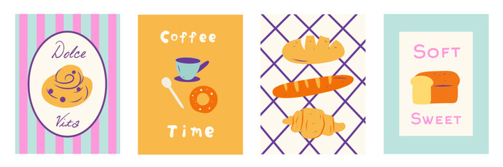Collection of Retro Kitchen wall art. Cute food Poster template. Interior posters set. Editable vector illustration. Vintage wall decor frame. Pastry bakery doodle inspiration for cafe menu design.