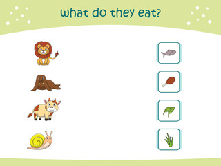 What do they eat matching game for kids with cute wild animals. activity page for kindergarteen and preschool. Vector illustration