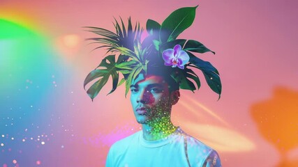 Opening eyes turning head man wearing orchid foliage crown in studio, with digital light leaks - Powered by Adobe