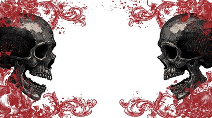Two skulls facing each other, framed by ornate red floral patterns and blood splatters on a white background