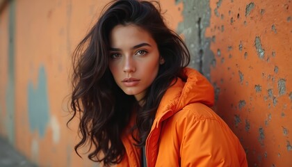 Fototapeta premium Young woman with dark hair poses in orange jacket against grunge wall. Portrait beauty, fashion style. Trendy apparel with urban street background, looking confident.