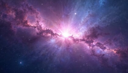 Fototapeta premium Illustration of deep space with purple and blue colors. Bright light shines with stars, nebula in universe. Cosmic background for fantasy, science. Concept of deep space exploration and cosmic travel.