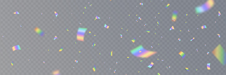 Holographic confetti falling on transparent background. Rainbow light hologram. Prism lens. Shiny festive decor. Crystal texture. Party celebration. Glamour design. Vector Illustration