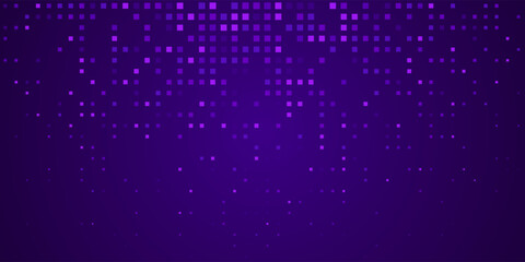 Digital pixel frame. Glowing purple squares on dark background. Abstract tech banner. Finance grid. Business bg. Blue mosaic. Futuristic, tech-style template. Vector Illustration