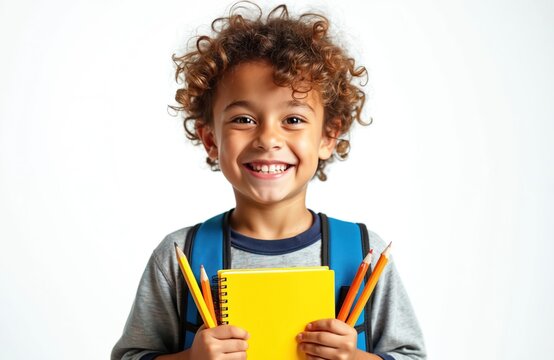 Happy young boy with curly hair and school supplies. Child smiling joyfully holding yellow notebook with pencils. Ready for school, elementary education, kid portrait. Pure childhood emotions. - Powered by Adobe