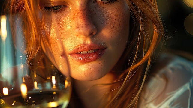 Young woman with freckles and red hair gazes thoughtfully at a glass of white wine, illuminated by soft warm light, creating a serene and contemplative atmosphere