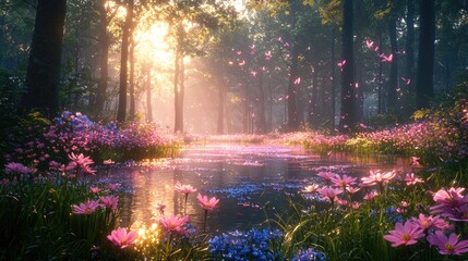 A tranquil forest path lined with vibrant flowers and a flowing stream.