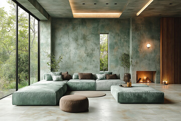 Modern minimalist living room with green sofa, large windows, natural light, and cozy fireplace in contemporary home