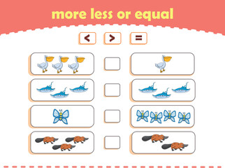 More, less or equal. Count the amount of cute wild animals. Educational math game for kids. Vector Illustration
