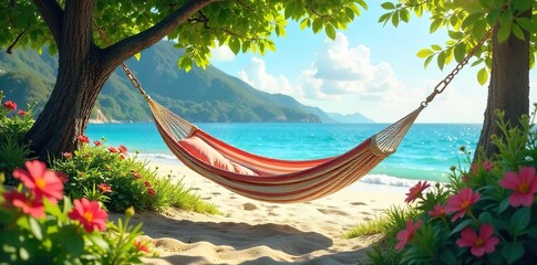 Serene Summer Hammock Scene Gentle Swaying in Lush Greenery, Vibrant Flowers, Tranquil Cloudscape. Perfect for Vacation, Travel, and Relaxation Themes.