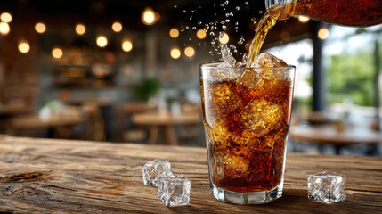 Refreshing soda with ice cubes pouring into glass on rustic wooden table in cozy cafe