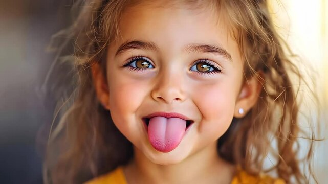 A young girl with curly hair is playfully sticking out her tongue, smiling with bright eyes.
