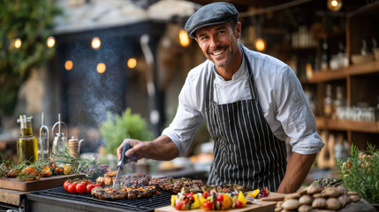 Smiling chef grilling delicious barbecue in outdoor rustic setting