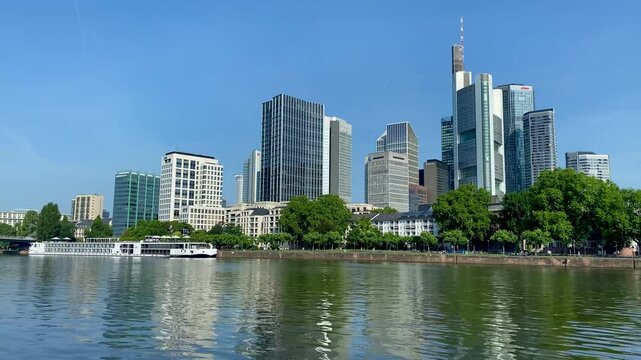 Frankfurt view across River Main to banking district skyscrapers cityscape

