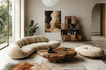 Luxurious modern living room with curved sofa, wooden furniture, and abstract art in elegant interior design