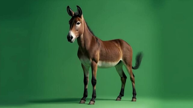A brown mule standing in front of a green backdrop in a studio setting with even lighting green screen animal video