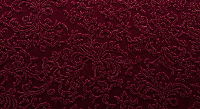 Embossed Velvet Fabric Burgundy Baroque Pattern Luxurious Textile Texture