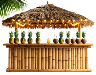 Tropical Beach Bar Counter with Bamboo and Straw Roof, isolated on transparent background