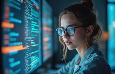 Woman in glasses analyzes code on computer screens. Data analytics, IT, cybersecurity, programming, gdpr. IT person working at night in office. Cybersecurity, technology, software, developer concept.
