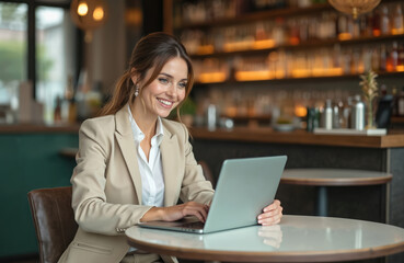 Businesswoman uses laptop in restaurant, bar counter background. Entrepreneur works online, smiling, happy. Modern workplace with notebook. Confident lady in elegant pantsuit. Success, freelance, job.