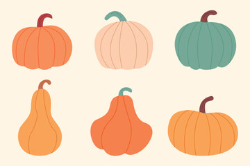 Set of colorful doodle pumpkins on isolated background. Cute autumn pumpkins in flat style. Elements of autumn, harvest, Thanksgiving, Halloween etc. Hand drawn pumpkins. Vector illustration.