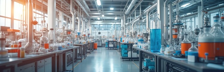 Panoramic photo of pharmaceutical factory interior with pipes tanks glassware. Clean production environment for medicine and chemistry. High-tech equipment machines and modern technology.