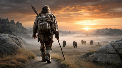 Prehistoric Neanderthal hunter walking towards herd of mammoths at sunset in rocky landscape