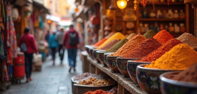 Moroccan spice market. Piles of vibrant colored spices in traditional bowls on a shop shelf. People strolling, shop local buying spices. Souk, vibrant culture of Morocco.