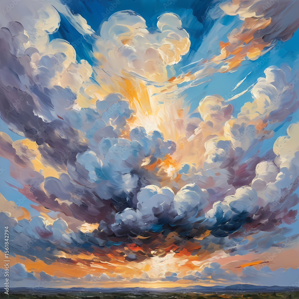 Poster Massive clouds swirl above the landscape, catching the last rays of the sun. Vibrant oranges and deep blues blend seamlessly, crafting a captivating sunset that stirs the soul Generative AI