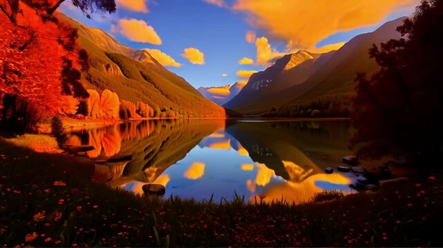 Timelapse of a beautiful lake in a forest valley transitioning from summer to autumn