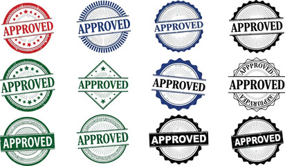 Obraz premium Approved stamp vector set, various designs and colors, grunge texture, rubber stamp, seal of approval