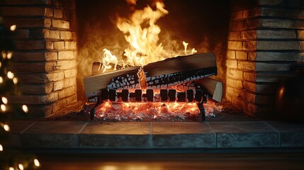 Cozy fireplace with burning logs