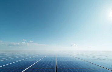 Panoramic view vast solar panel field against blue sky. Renewable clean energy source, sustainable future, eco-friendly tech. Solar power symbolizes environmental conservation.