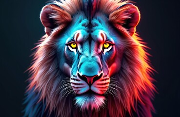 Digital illustration of lion head with neon effect and polygonal abstract pattern. Geometric lion face, creative design, colorful art, fantasy animal, modern design, for print. Bright glowing.