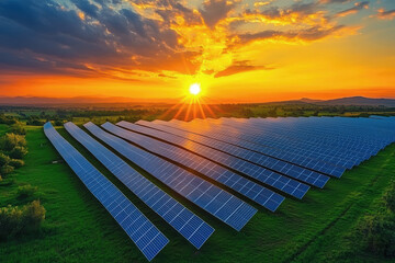 Sunset over solar panel field: renewable energy landscape with vibrant sky and sustainable technology