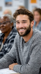 A smiling young man with a beard and gray sweater sits among a diverse group of people in a bright, casual indoor setting.