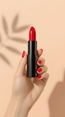 A woman's hand with a flawless red manicure holds an open, vibrant red lipstick. This beauty product mockup is presented against a warm beige background with a soft leaf shadow, evokin