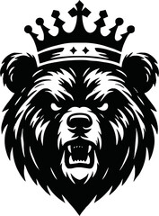 silhouette angry bear head with crown vector logo isolated on white background