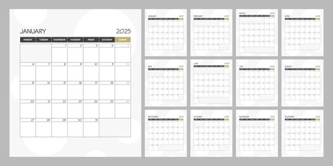 Monthly calendar square planner schedule for 2025 year. Week Starts on Monday