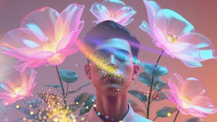Studio lights activating pastel light band sweeping across model face with flowers and sparkles - Powered by Adobe