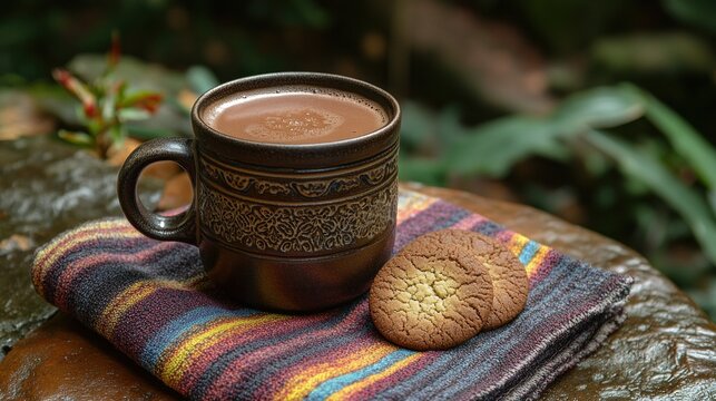 Dark mug of hot chocolate with cookies on a colorful cloth - Powered by Adobe