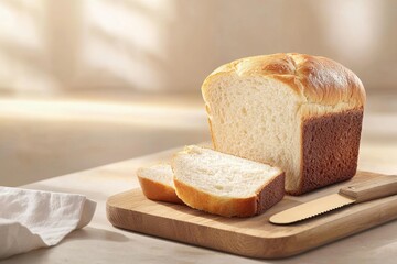 Freshly baked bread loaf closeup kitchen food photography cozy environment captured from above warmth and comfort in every slice