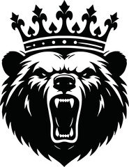 silhouette angry bear head with crown vector logo isolated on white background