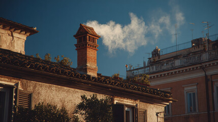 Charming rooftop with brick chimney and white smoke against a clear blue sky in a quaint urban setting featuring historic architecture