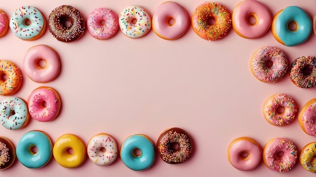 Colorful donuts arranged in a rectangular frame on a soft pink background with empty space in the center, ideal for text, banners, food promotions, or sweet-themed content.